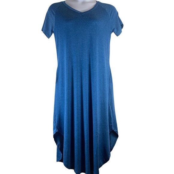 Medium T Shirt Dress V Neck Short Sleeved Heathered Blue Pockets - Picture 1 of 5